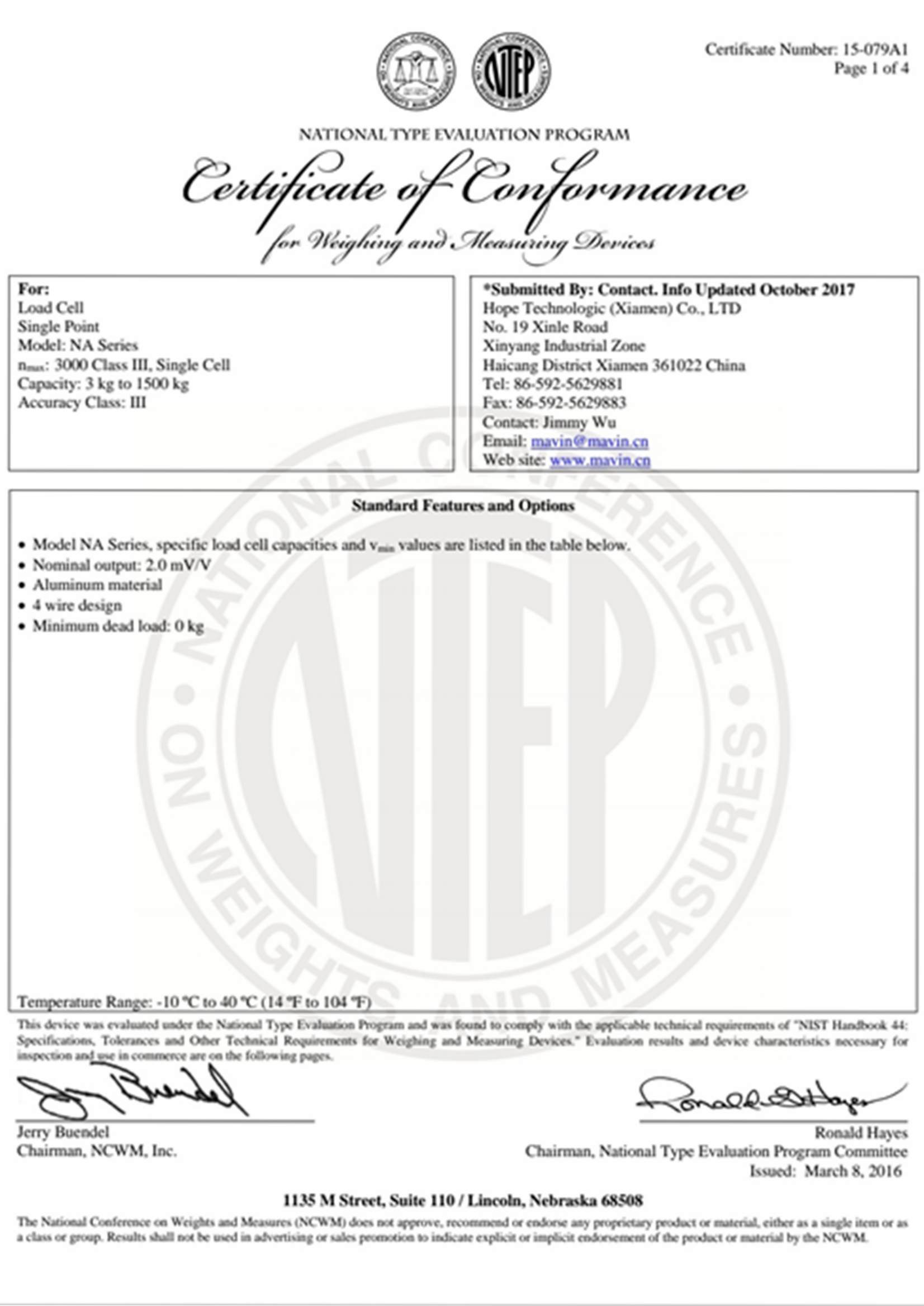 NA series NTEP Certificate
