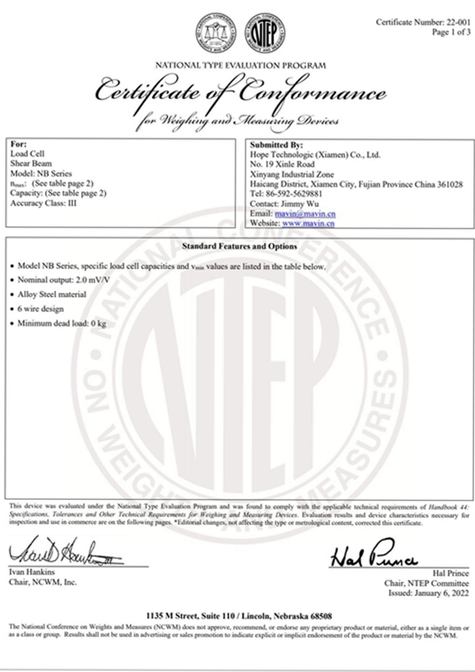NB series NTEP Certificate