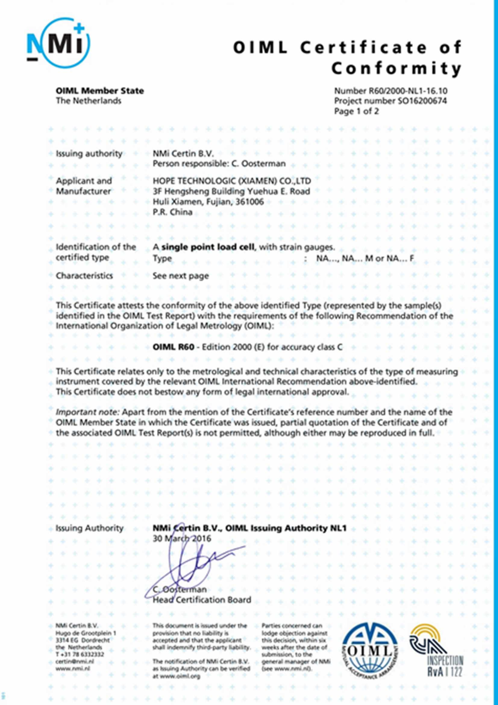 NA series OIML C6  Certificate